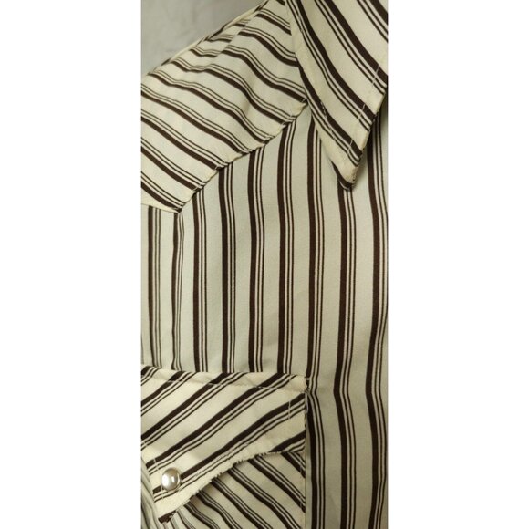 Vtg Stockman By PMC Mens Beige Brown Stripe Pearl Snap Long sleeve Western Shirt - Picture 4 of 11